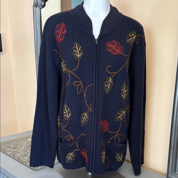 Vintage Y2K Crystal Kobe Blue and Red Embroidered Floral Full Zip Sweater - Picture 1 of 7